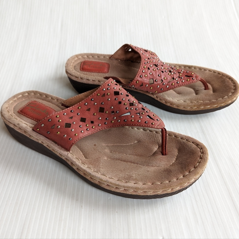 CLARKS studded embellished red leather platform comfort Thong Sandals Size 10 - Picture 5 of 9